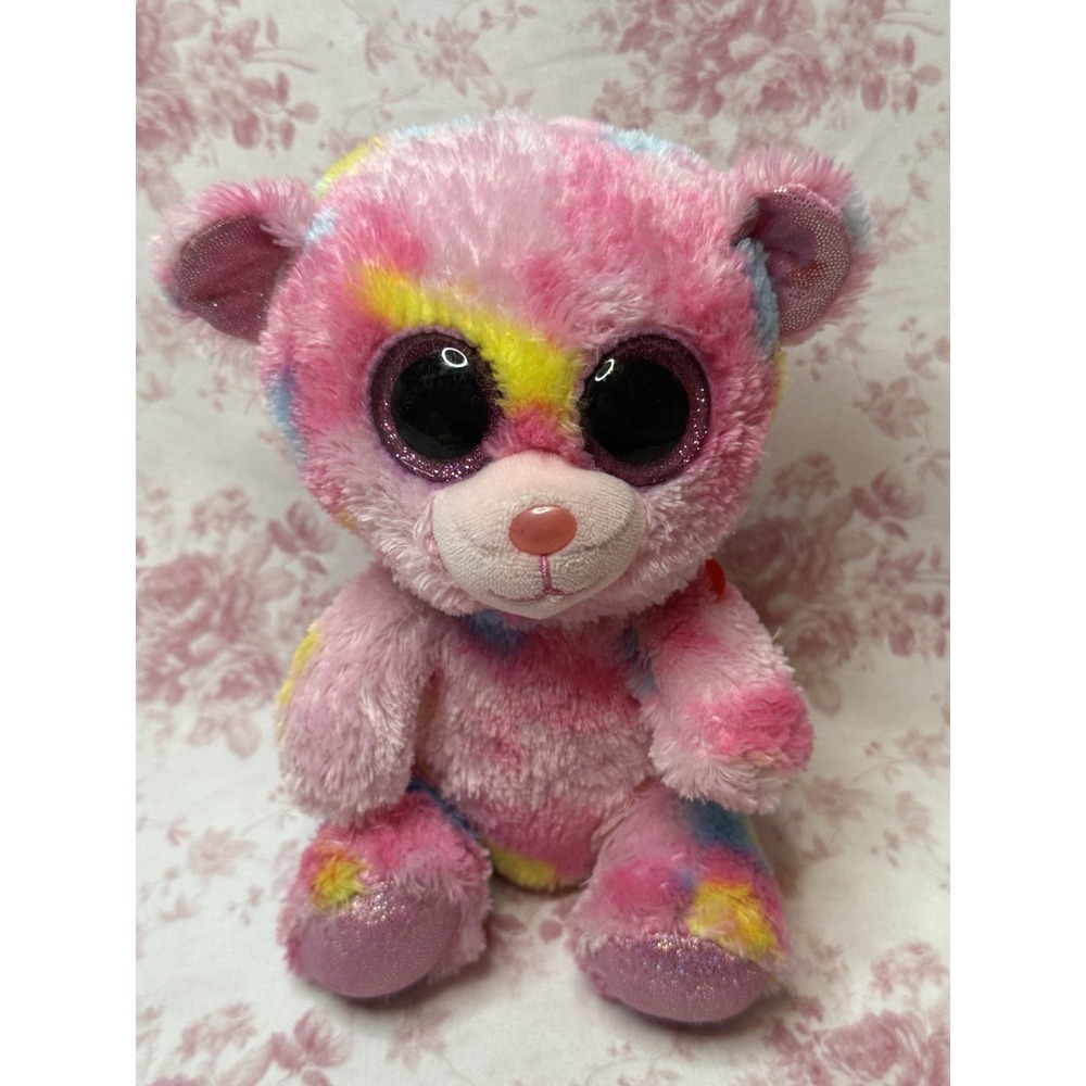 Ty Beanie Boo Frankie Pink Rainbow Bear Plush 7" Glitter Eyes Stuffed Animal